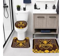 Juego de 3 alfombras de baño de béisbol, deportivas, modernas, cruzadas, diseño de murciélagos cruzados, horizonte de la ciudad, verano, color marrón, para dormitorio, decoración de lavabo