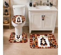 Juego de 3 alfombras de baño de Halloween con diseño de perro de montaña | Tapete de baño con diseño de perro de montaña bernés, tema de sombrero de bruja, detalles de hojas de otoño