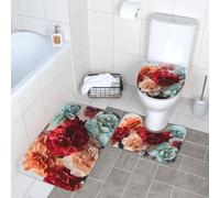 Juego de 3 alfombras de baño súper absorbentes, alfombra antideslizante, alfombra contorneada y funda para tapa de inodoro, alfombra de baño con estampado de claveles de colores, alfombra de ducha par
