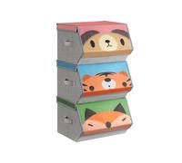 SONGMICS Caja Almacenaje Tela Infantil, Caja Organizadora Plegable, Juego de 3, Apilables con Asas, Tapa Magnética, para Habitación de Niños, Oso Tígre Zorro, Rosa, Azul, Verde y Gris RFB760P03