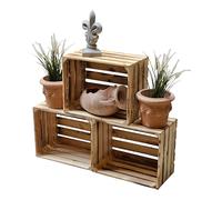 Juego de 3 cajas de fruta macizas y estables, cajas de madera, cajas de vino, 50 x 40 x 30 cm, flameadas, naturales, decoración para interior y exterior (juego de 3 unidades con flameado claro)