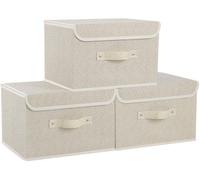 Juego de 3 cajas plegables para almacenamiento de tela, marca Unyqoos®, de cartón y tela de lino, con tapa, en los siguientes tamaños: 26x20x17 cm, 33x23x20 cm y 38x25x25 cm. Color: gris/beige