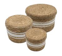Juego de 3 cestas de almacenamiento de algas marinas naturales - 30 cm, 25 cm y 21 cm - Juego de cestas de mimbre trenzado con tapa - Cesta multiusos de fibra natural de ratán