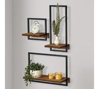 Juego de 3 Estantes de Pared, Baldas Pared con Marco de Metal y Roble Madera, Decoración de Pared para Marco Fotos Fondo, Almacenamiento para Baño, Cocina, Sala, Dormitorio