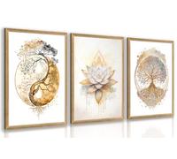 Juego de 3 lienzos de árbol de la vida sin marco, decoración de pared zen relajante, pintura abstracta sobre lienzo de árbol Yin Yang, moderna flor de loto dorado, póster de meditación para sala de