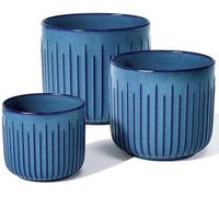 Juego de 3 macetas de cerámica Unyqoos® con orificio de drenaje, color azul océano – diámetros de 14,5 / 17,5 / 21 cm, incluye tapones de silicona y alfombrilla de rejilla para plantas de interior