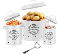 Juego de 3 organizadores de cocina Unyqoos® para patatas, cebollas y ajo: cajas de almacenamiento que protegen de la luz, con circulación de aire de 360°, asa para transportar e incluye un pelador