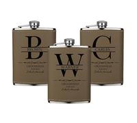 Juego de 3 Petacas de Licor Personalizados para Hombres, Regalos para Acompañantes del Novio o Padrino de Boda con Inicial, Frascos de 8oz en Cuero Grabado para Fiesta de Despedida, Caquí