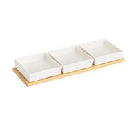 Juego de 3 platos de aperitivo blancos de porcelana con bandeja de bambú de 33x10 cm