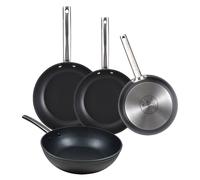 Juego de 3 Sartenes Ø24Ø28Ø30cm + Wok Ø28cm en Aluminio forjado aptas para inducción color Negro FOODIES MasterPRO
