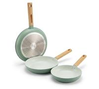 Juego de 3 Sartenes Antiadherentes 20-24-28 cm, Recubrimiento de Granito Natural, Apta para todo tipo de fuego, Mango Soft-Touch Efecto Madera, Libre de BPA y PFAS, Verde, Happy Friends