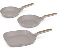 Juego de 3 sartenes antiadherentes de Berlinger Haus, fabricadas en aluminio forjado, aptas para cocinas de inducción, con mango ergonómico, libres de , colección Nordic, color taupe