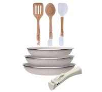 Juego de 3 sartenes San Ignacio Ø18Ø20Ø24cm aluminio prensado, antiadherente con mango extraíble+Juego de 3 Utensilios de cocina en silicona y madera