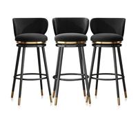Juego de 3 taburetes giratorios ajustables de terciopelo, taburetes tapizados con patas de metal traseras, sillas altas de cocina, diseño moderno, 29.5 pulgadas de altura, color negro