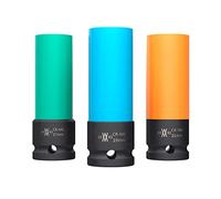 Juego de 3 vasos de impacto con protectores para llantas de aluminio 17mm, 19mm, 21mm para atornillador de impacto de WIESEMANN 1893 | Juego vasos de impacto de 0,5" con protectores y maletín I 80058