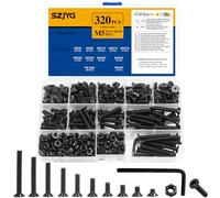Juego de 320 tornillos M5, tornillos de cabeza avellanada, tornillos de cabeza plana, tornillos hexagonales con tuercas, tornillos roscados surtidos (negro)