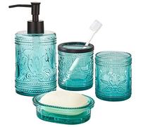 Juego de 4 Accesorios de baño de Cristal Azul Turquesa con patrón Decorativo prensado - Incluye dispensador de jabón de Manos, Vaso, jabonera y Soporte para Cepillo de Dientes (Azul Turquesa)
