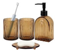 Juego de 4 accesorios de baño de cristal marrón con rayas anchas | Compuesto por dispensador de jabón, vaso para enjuague bucal y jabonera para lavabo, baño y tocador.