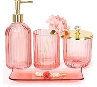 Juego de 4 accesorios de baño de vidrio rosa de la marca Unyqoos: dispensador de jabón, soporte para cepillos de dientes, frasco de vidrio y bandeja para maquillaje, para un baño organizado