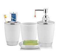 Juego de 4 Accesorios para Baño, Accesorios de Baño de Plástico Que Incluyen Soporte para Cepillo de Dientes, Vaso para Cepillo de Dientes, Dispensador de Jabón y Jabonera (Blanco)