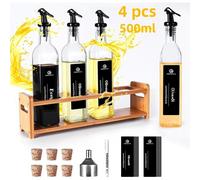 Juego de 4 botellas de vinagre y aceite (500 ml) con estante de bambú amarillo, botella de aceite con pico vertedor y dispensador de aceite con etiqueta negra. nuevo