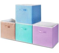 Juego de 4 cajas plegables para guardar tejidos, marca Unyqoos®, con asas, color pastel (rosa claro/verde claro/azul claro/lila claro), dimensiones 33 x 38 x 33 cm, fabricadas en lino y cartón