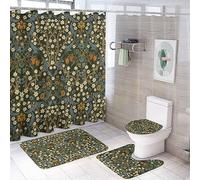 Juego de 4 cortinas de ducha abstractas bohemias de William Morris, diseño retro de mediados de siglo, diseño floral, pájaros, antideslizante, cubierta de tapa de inodoro, alfombrilla de baño y