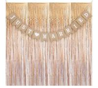 Juego de 4 cortinas de oropel con purpurina, color dorado y Just Married | Cortina con purpurina para pared de fotos, fondo metálico, 1 x 2 m, pancarta de yute para bodas, fiestas