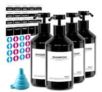 Juego de 4 Dispensadores de Jabón Negro, Dispensador Gel y Champu Ducha 500ml Rellenables Dosificador Jabon Baño Plastico para Líquido Loción Gel de Ducha, con 56 Etiquetas Impermeables, Embudo