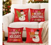 Juego de 4 fundas de almohada de Navidad con diseño de muñeco de nieve y | Detalles de copo de nieve, fundas de cojín, patrones de caja de regalo, tema de invierno, almohadas de acento de sofá