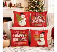 Juego de 4 fundas de almohada de Navidad con diseño de muñeco de nieve y | Detalles de copo de nieve, fundas de cojín, patrones de caja de regalo, tema de invierno, almohadas de acento de sofá