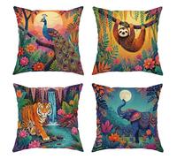 Juego de 4 fundas de cojín de pavo real tropical, perezoso tigre vibrante, verde veraniego, fundas de almohada lavables para sofá, sala de estar, cama, oficina, sofá, silla, decoración de 22 x 22