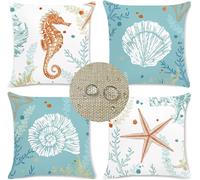 Juego de 4 Fundas de Cojín Impermeable Exterior Vida Marina 50x50cm Doble cara Funda de Almohada Cuadrada Decorativa de Lino Azul cielo, con Cremallera Invisible para Sofá Mueble Decor Cushions K-3282