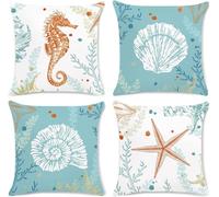 Juego de 4 Fundas de Cojín Impermeable Exterior Vida Marina 75x75cm Doble cara Funda de Almohada Cuadrada Decorativa de Suave Azul cielo, con Cremallera Invisible para Sofá Mueble Decor Cushions K3282