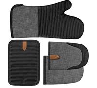 Juego de 4 Guantes de Horno y Soporte para Ollas, Guantes de Horno Resistentes al Calor a Guantes de Horno Antideslizantes, Manoplas de Horno Guantes de Cocina para Barbacoa Cocinar Hornear (Negro)