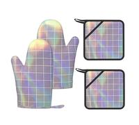 Juego de 4 guantes de horno y soportes para ollas con estampado cuadrado reflectante, guantes de silicona resistentes al calor para hornear a la parrilla