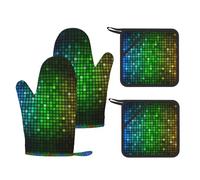 Juego de 4 manoplas de horno y soportes para ollas con estampado cuadrado colorido, guantes de silicona resistentes al calor para hornear a la parrilla