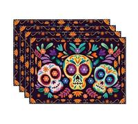 Juego de 4 Manteles Individuales Día de Muertos, Colorido Calaveras Flores Halloween Lino Salvamanteles Individuales, Lavables Salvamanteles de Mesa para Fiestas Mesa de Cocina Hogar Decor, 30x45cm