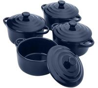 Juego de 4 mini moldes para hornear de cerámica Unyqoos®, con tapa, color azul marino, 170 ml, 8 cm, aptos para horno, microondas y congelador, aptos para lavavajillas, sin plomo ni cadmio