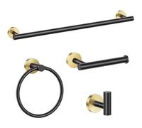 Juego de 4 piezas de accesorios de baño de color negro y dorado, incluye toallero de 19.7 pulgadas, gancho para toalla y soporte para papel higiénico, de acero inoxidable, montado en la pared