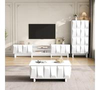 Juego de 4 piezas para sala de estar: tabla de TV, aparador, mesa de centro | Juego de 4 piezas: mueble bajo para TV, aparador y mesa de café. Frente 3D y diseño geométrico de PB. Moderno y elegante.