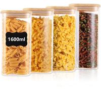Juego de 4 recipientes herméticos para alimentos, con tapa, de 1600 ml. Recipientes de vidrio con tapa, diámetro de 10 cm. Contenedores de vidrio con tapa de bambú, herméticos