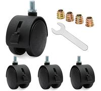 Juego de 4 ruedas giratorias de nailon con freno, 5,1 cm, color negro con tuerca de varilla roscada M7.5 y llave, negro