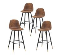 Juego de 4 sillas altas de barra con respaldo ergonómico en polipiel marrón vintage, patas metálicas con detalle dorado y reposapiés, ideales para cocina, isla y comedor