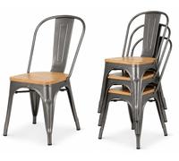 Juego de 4 sillas metálicas de estilo industrial, con asiento de madera y acabado galvanizado