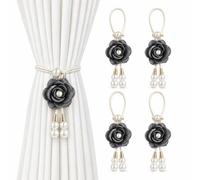 Juego de 4 soportes para cortinas de flores, cordones de perlas de punto negro, para hogar, oficina, sala de estar, dormitorio