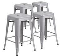 Juego de 4 taburetes, 24 pulgadas, metal plateado, para uso interior y exterior