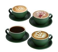 Juego de 4 tazas de café de 300 ml, de cerámica verde mate, con platillos, juego barista para arte latte y moca, tazas grandes y platillos