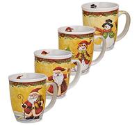 Juego de 4 tazas gigantes de Navidad en amarillo y rojo - Clásicas tazas de café de cerámica como tazas de Navidad en 400 ml - Grandes tazas de café para Navidad aptas para lavavajillas y microondas