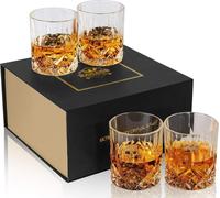Juego de 4 vasos para whisky, fabricados en cristal, con capacidad de 300 ml. Ideales como regalo para hombres, perfectos para cumpleaños, bodas o Navidad. Incluye una elegante caja de regalo